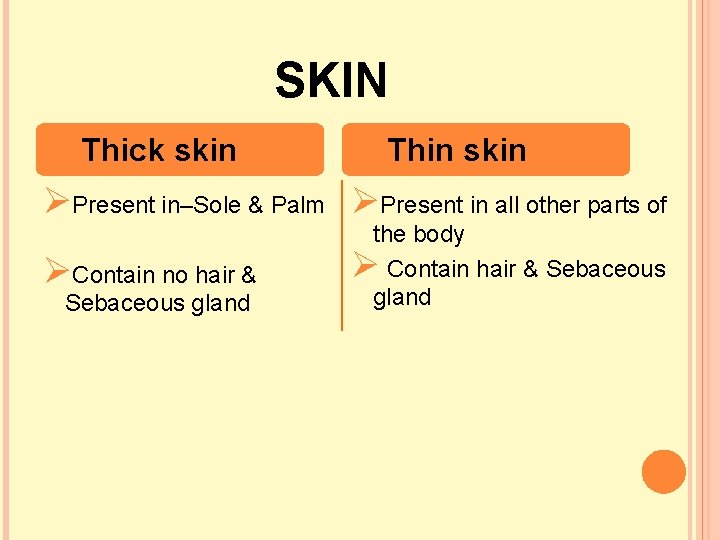 SKIN Thick skin Thin skin ØPresent in–Sole & Palm ØPresent in all other parts