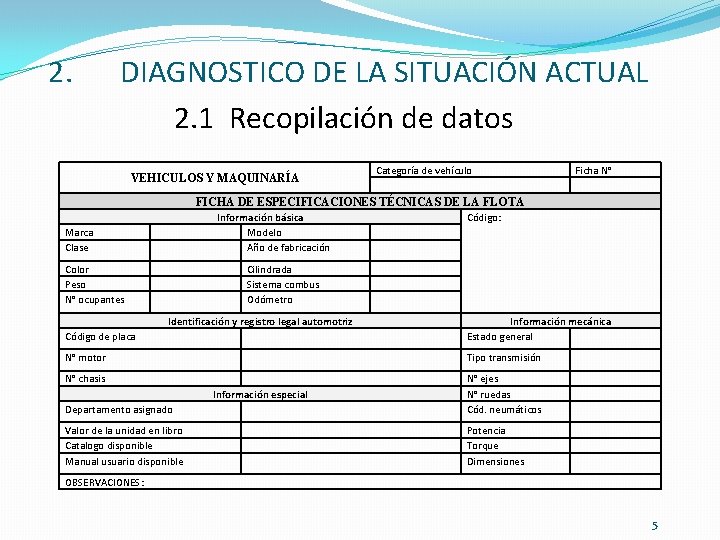 2. DIAGNOSTICO DE LA SITUACIÓN ACTUAL 2. 1 Recopilación de datos VEHICULOS Y MAQUINARÍA