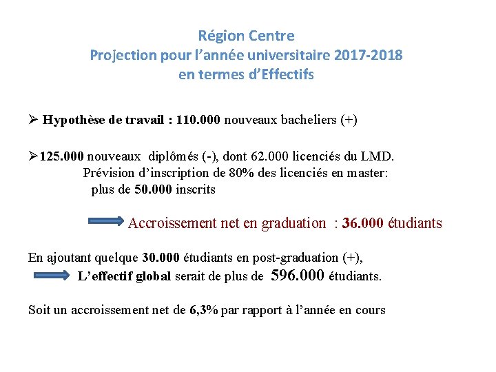 Région Centre Projection pour l’année universitaire 2017 -2018 en termes d’Effectifs Ø Hypothèse de