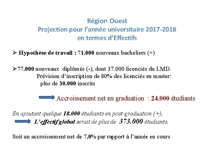 Région Ouest Projection pour l’année universitaire 2017 -2018 en termes d’Effectifs Ø Hypothèse de