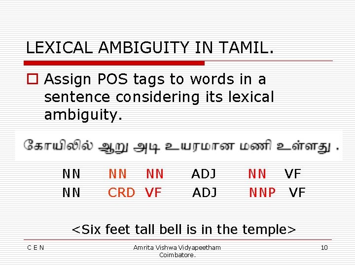 LEXICAL AMBIGUITY IN TAMIL. o Assign POS tags to words in a sentence considering