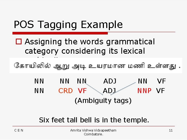 POS Tagging Example o Assigning the words grammatical category considering its lexical ambiguity. NN