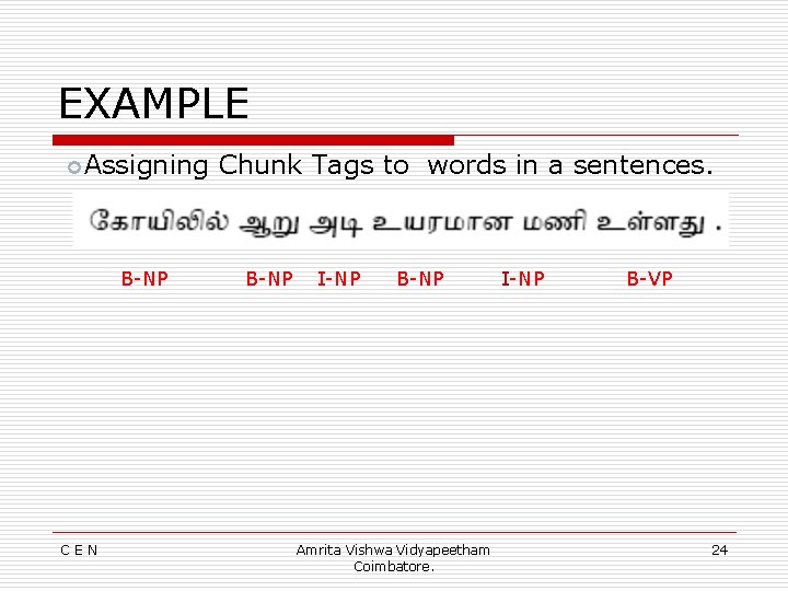 EXAMPLE Assigning B-NP CEN Chunk Tags to words in a sentences. B-NP I-NP B-NP