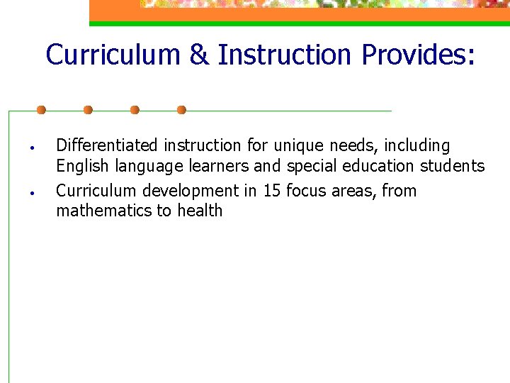 Curriculum & Instruction Provides: • • Differentiated instruction for unique needs, including English language