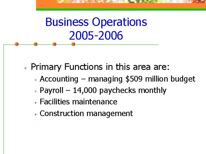 Business Operations 2005 -2006 • Primary Functions in this area are: • • Accounting