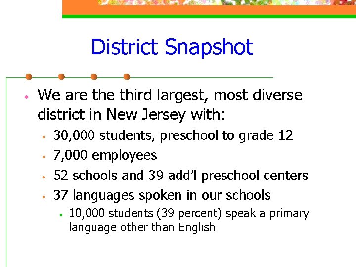 District Snapshot • We are third largest, most diverse district in New Jersey with: