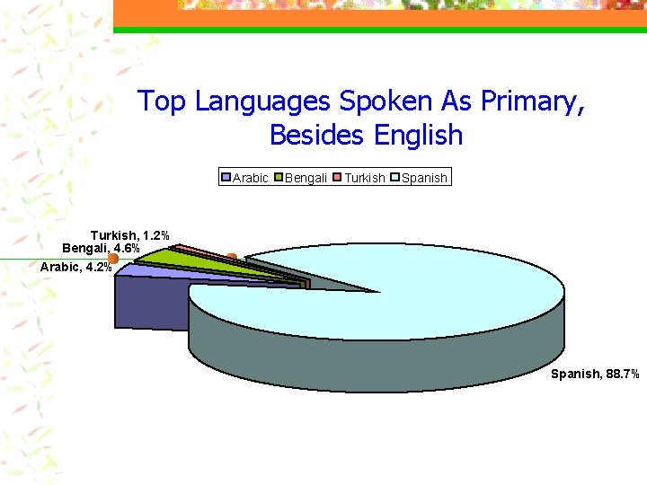 Top Languages Spoken As Primary, Besides English Arabic Bengali Turkish Spanish Turkish, 1. 2%
