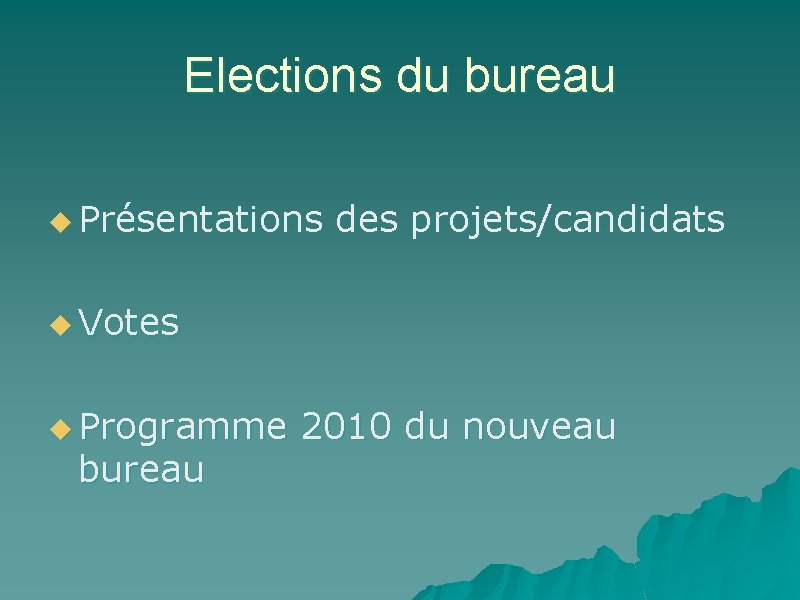 Elections du bureau u Présentations des projets/candidats u Votes u Programme bureau 2010 du