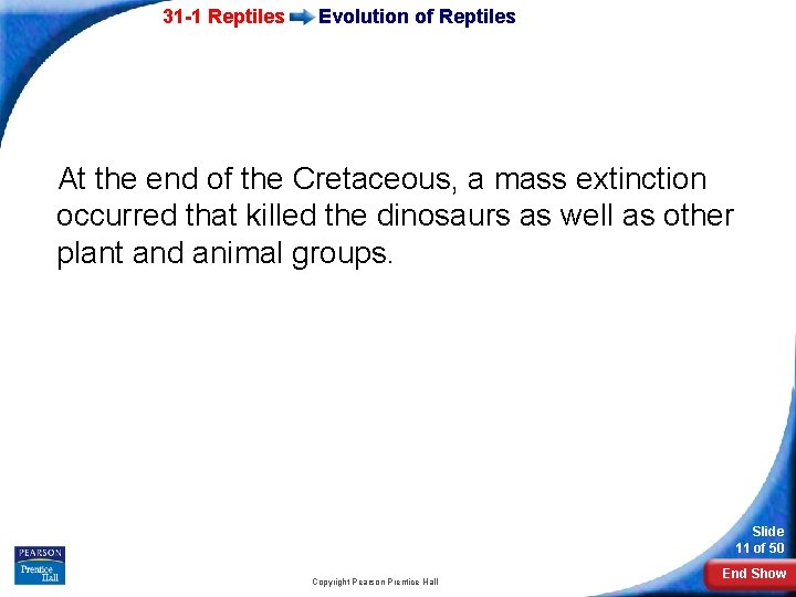 31 -1 Reptiles Evolution of Reptiles At the end of the Cretaceous, a mass