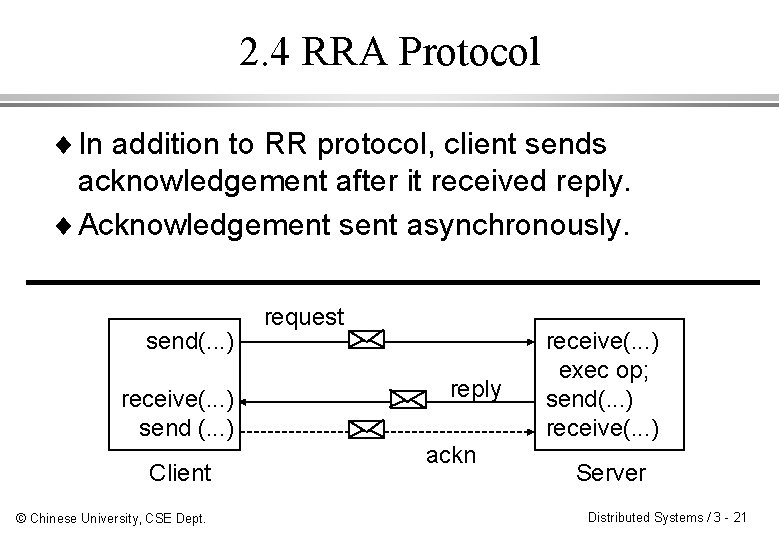 2. 4 RRA Protocol ¨ In addition to RR protocol, client sends acknowledgement after