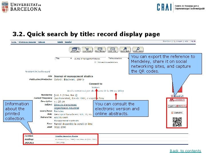 3. 2. Quick search by title: record display page You can export the reference