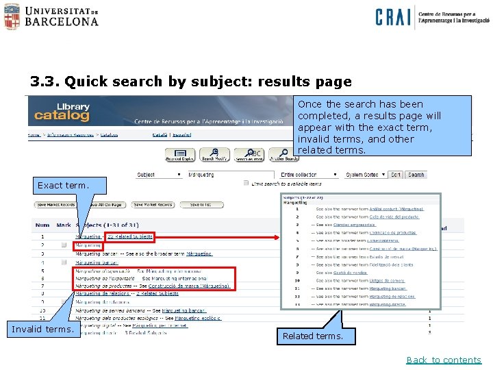 3. 3. Quick search by subject: results page Once the search has been completed,