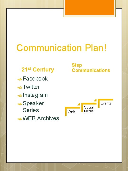 Communication Plan! 21 st Century Step Communications Facebook Twitter Instagram Speaker Series WEB Archives