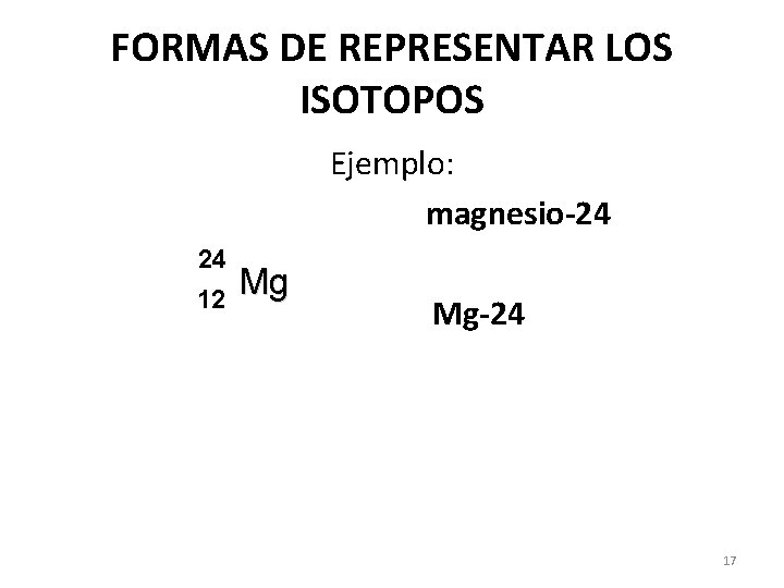 FORMAS DE REPRESENTAR LOS ISOTOPOS Ejemplo: magnesio-24 24 12 Mg Mg-24 17 