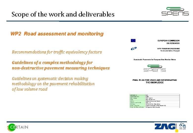 Scope of the work and deliverables WP 2 Road assessment and monitoring Recommendations for