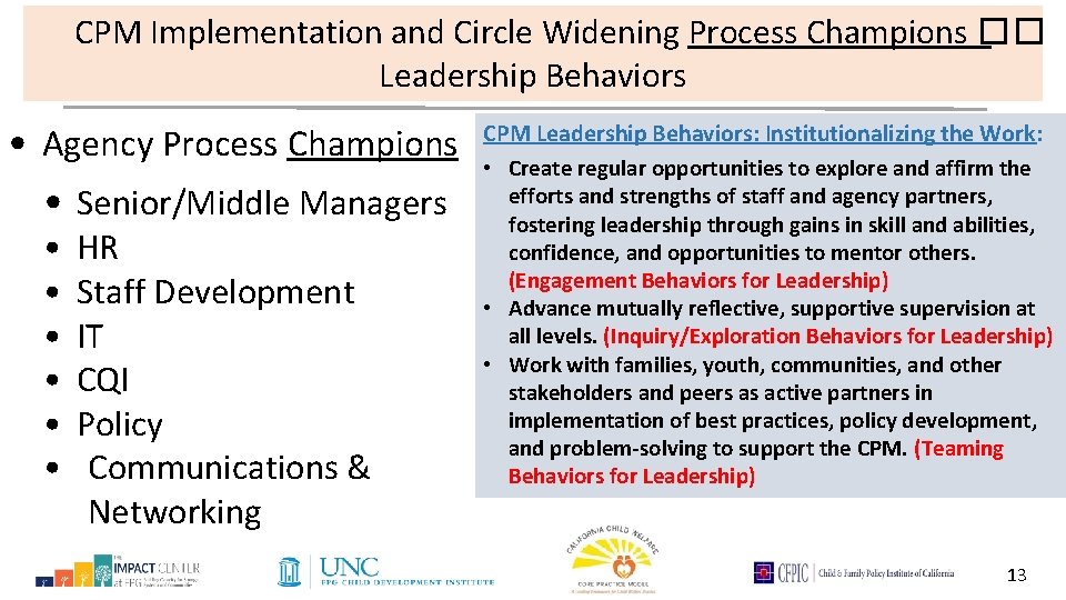 CPM Implementation and Circle Widening Process Champions �� Leadership Behaviors • Agency Process Champions
