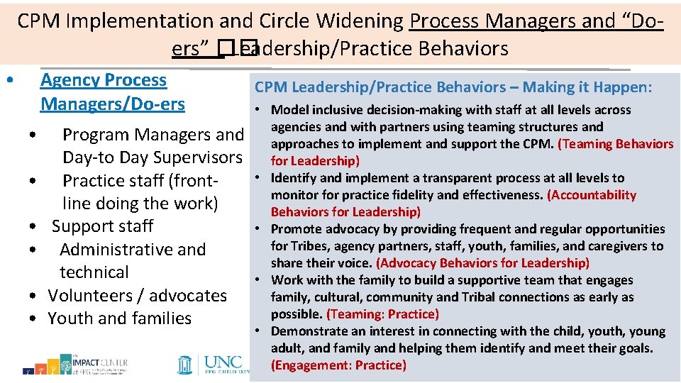 CPM Implementation and Circle Widening Process Managers and “Doers” �� Leadership/Practice Behaviors • Agency
