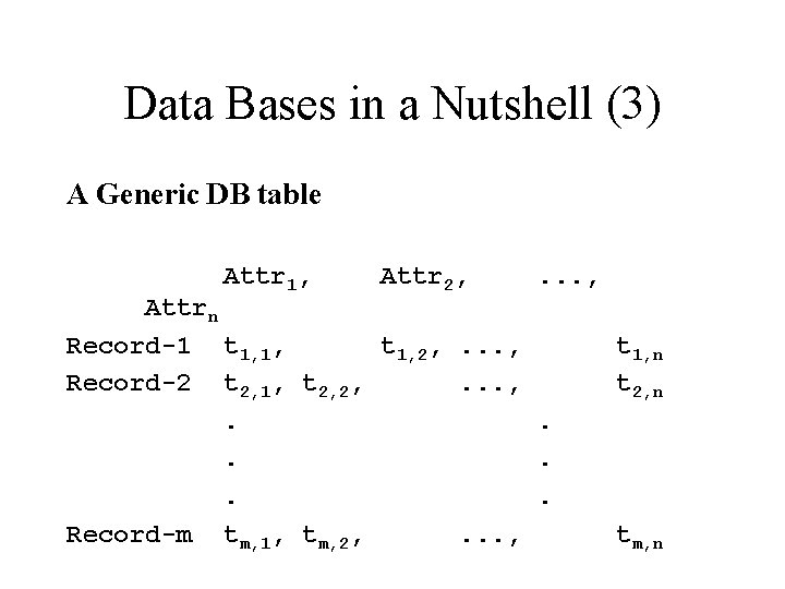 Data Bases in a Nutshell (3) A Generic DB table Attr 1, Attr 2,