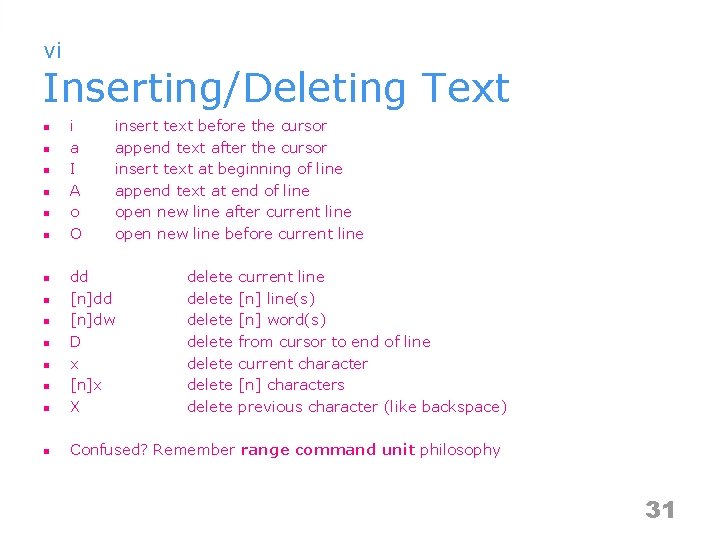 vi Inserting/Deleting Text n n n i a I A o O insert text