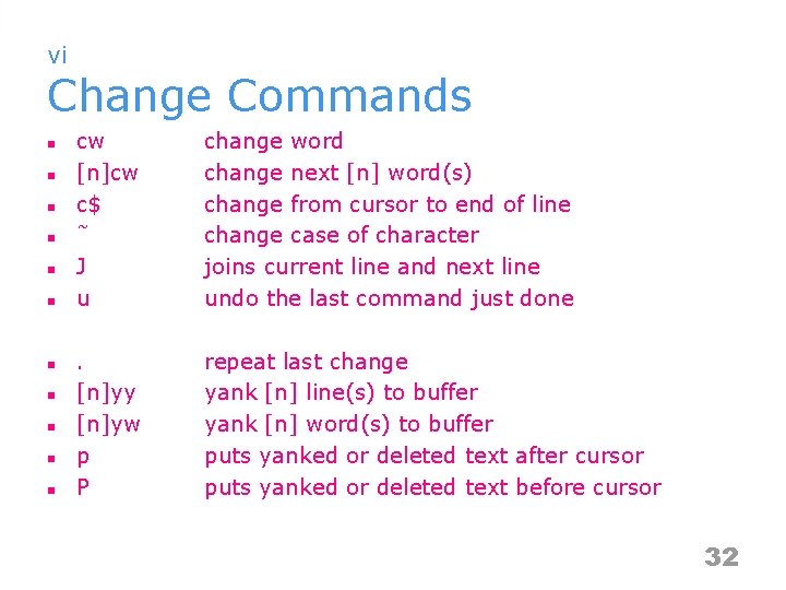 vi Change Commands n n n cw [n]cw c$ ˜ J u change word