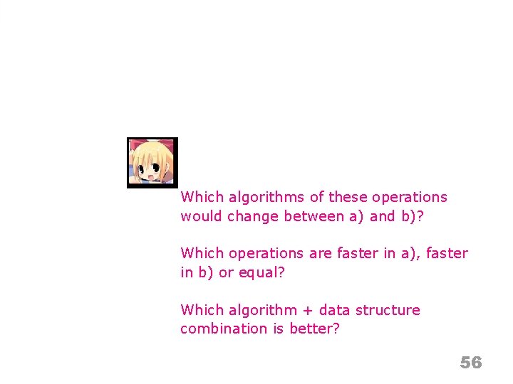 Which algorithms of these operations would change between a) and b)? Which operations are