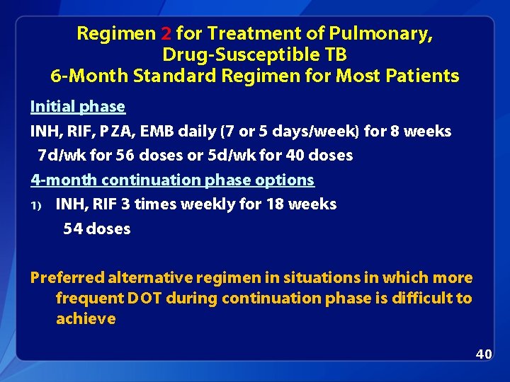 Regimen 2 for Treatment of Pulmonary, Drug-Susceptible TB 6 -Month Standard Regimen for Most