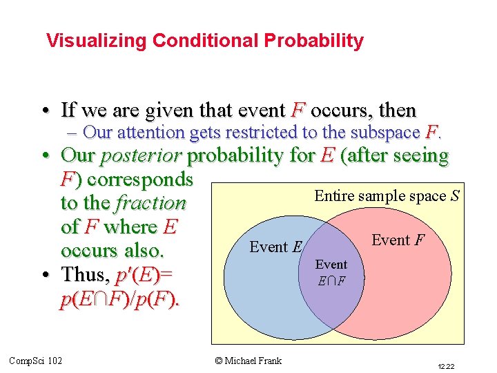 Visualizing Conditional Probability • If we are given that event F occurs, then –