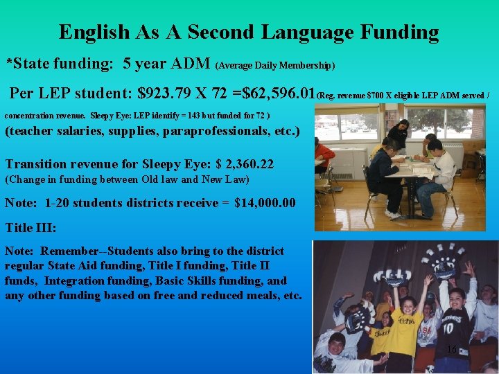 English As A Second Language Funding *State funding: 5 year ADM (Average Daily Membership)