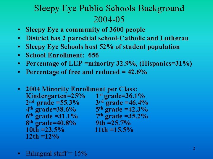 Sleepy Eye Public Schools Background 2004 -05 • • • Sleepy Eye a community