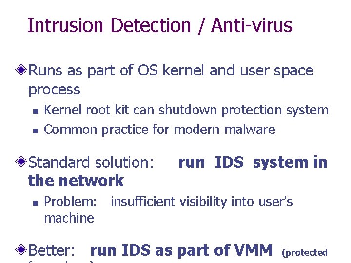 Intrusion Detection / Anti-virus Runs as part of OS kernel and user space process