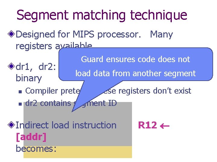 Segment matching technique Designed for MIPS processor. Many registers available. Guard ensures code does
