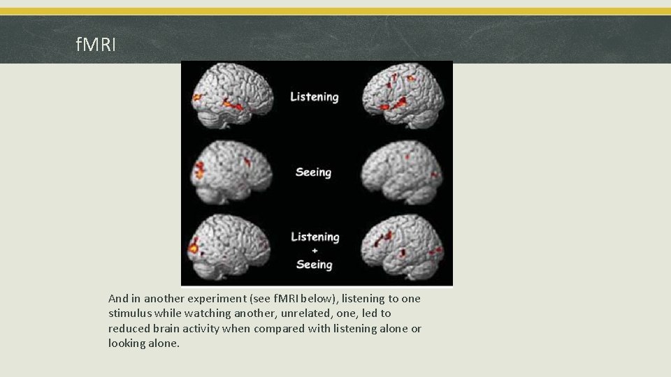 f. MRI And in another experiment (see f. MRI below), listening to one stimulus
