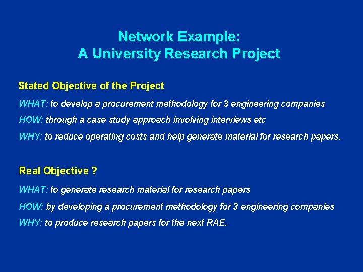 Network Example: A University Research Project Stated Objective of the Project WHAT: to develop
