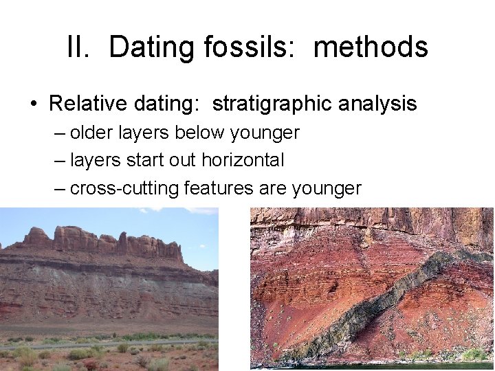 II. Dating fossils: methods • Relative dating: stratigraphic analysis – older layers below younger