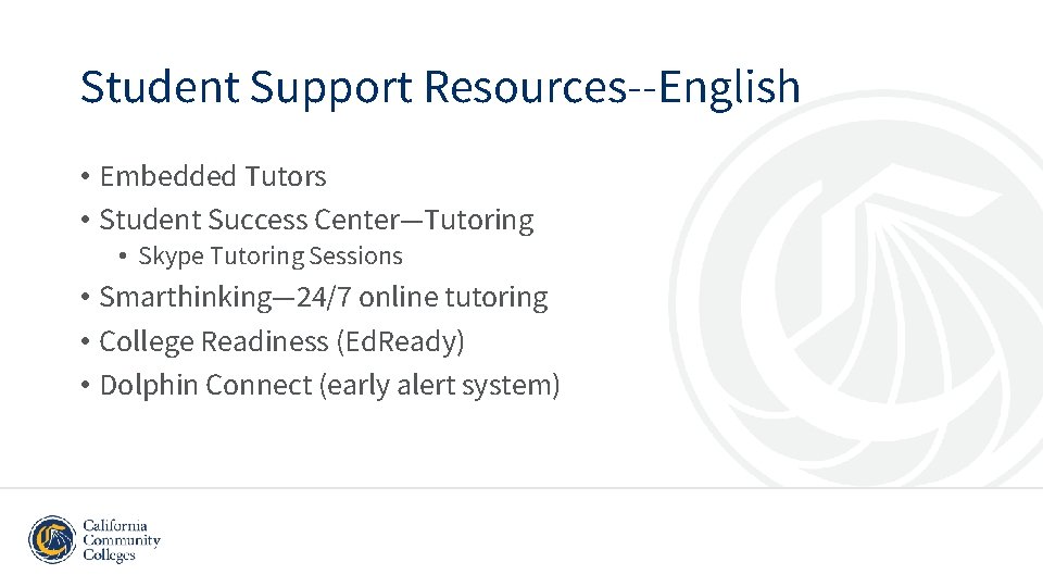 Student Support Resources--English • Embedded Tutors • Student Success Center—Tutoring • Skype Tutoring Sessions