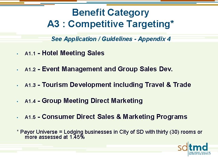 Benefit Category A 3 : Competitive Targeting* See Application / Guidelines - Appendix 4