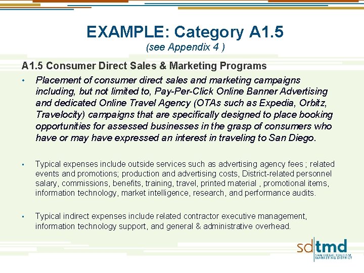 EXAMPLE: Category A 1. 5 (see Appendix 4 ) A 1. 5 Consumer Direct