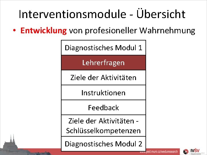 Interventionsmodule - Übersicht • Entwicklung von profesioneller Wahrnehmung Diagnostisches Modul 1 Lehrerfragen Ziele der