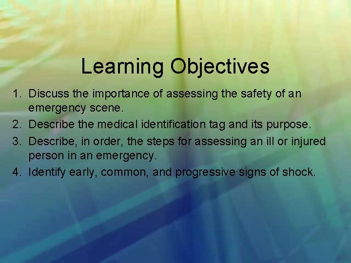 Learning Objectives 1. Discuss the importance of assessing the safety of an emergency scene.