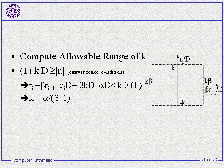  • Compute Allowable Range of k • (1) k|D| |ri| (convergence condition) ri