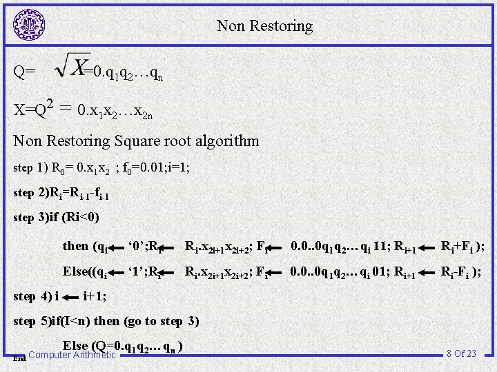 Non Restoring Q= X=Q 2 =0. q 1 q 2…qn = 0. x 1 Non Restoring Q= X=Q 2 =0. q 1 q 2…qn = 0. x 1