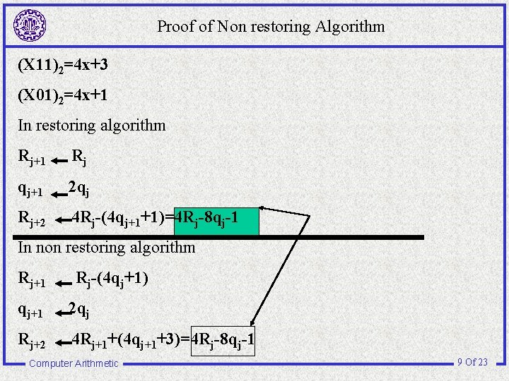 Proof of Non restoring Algorithm (X 11)2=4 x+3 (X 01)2=4 x+1 In restoring algorithm