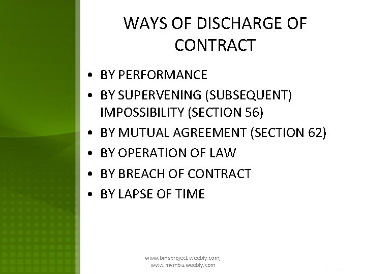 WAYS OF DISCHARGE OF CONTRACT • BY PERFORMANCE • BY SUPERVENING (SUBSEQUENT) IMPOSSIBILITY (SECTION