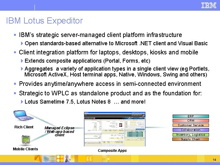 IBM Lotus Expeditor § IBM’s strategic server-managed client platform infrastructure 4 Open standards-based alternative