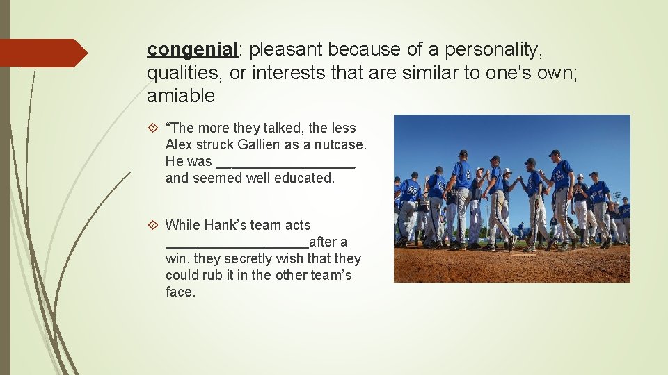 congenial: pleasant because of a personality, qualities, or interests that are similar to one's