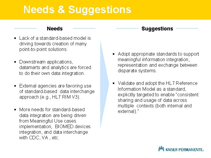 Needs & Suggestions Needs § Lack of a standard-based model is driving towards creation