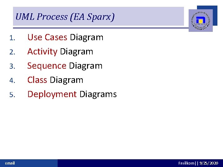 UML Process (EA Sparx) 1. 2. 3. 4. 5. email Use Cases Diagram Activity