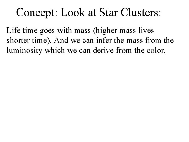 Concept: Look at Star Clusters: Life time goes with mass (higher mass lives shorter