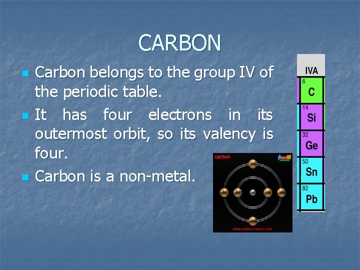 CARBON n n n Carbon belongs to the group IV of the periodic table.