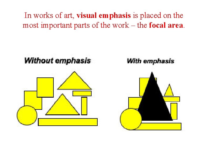 In works of art, visual emphasis is placed on the most important parts of